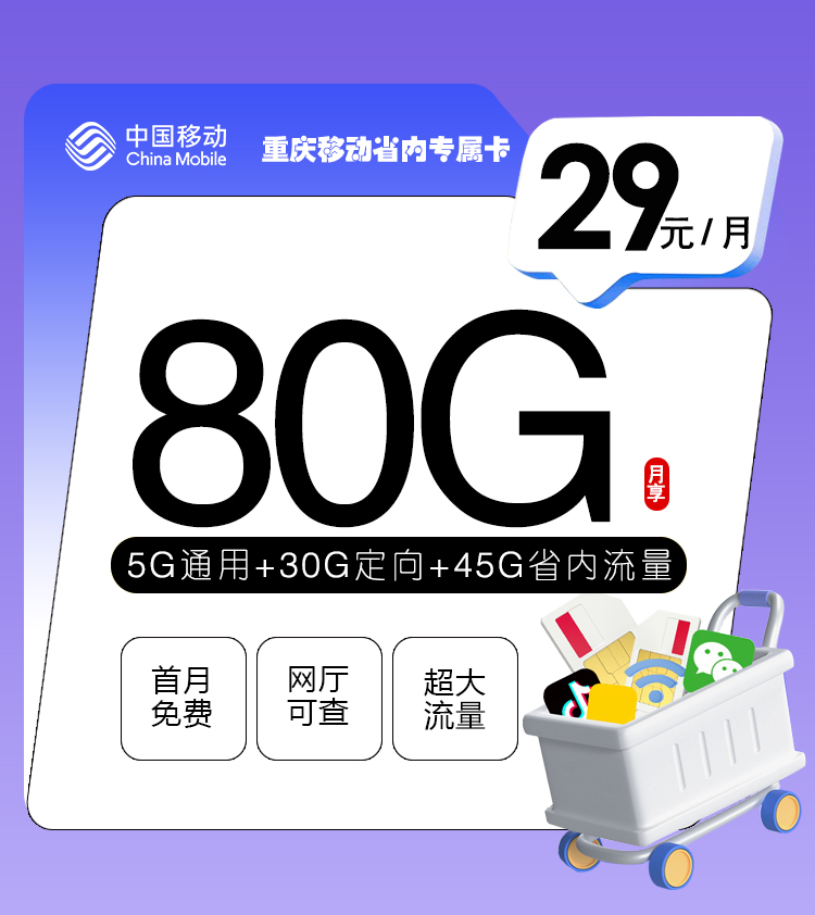 重庆移动省内专属卡【29元80G】