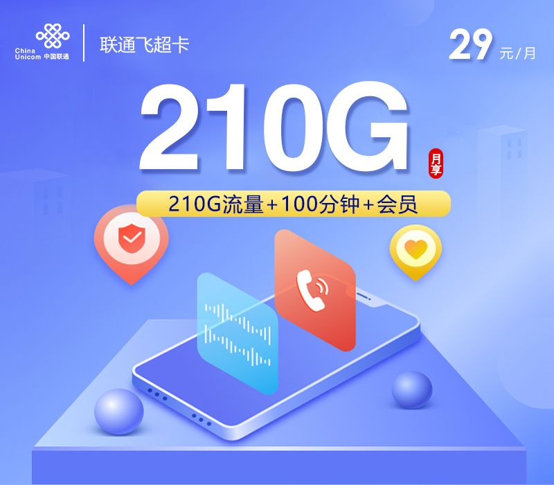 联通飞超卡【29元210G+100分钟+会员】