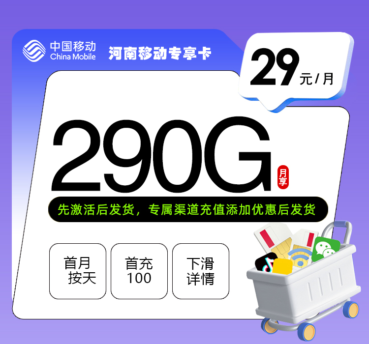 河南移动专享卡【29元290G+400分钟】