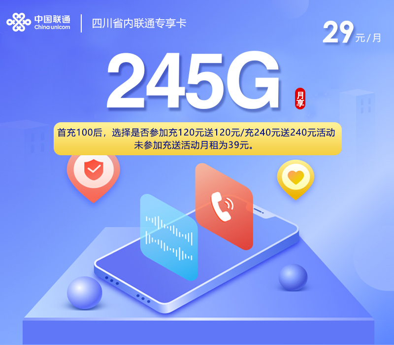 四川省内联通专享卡2.0【29元245G+200分钟】