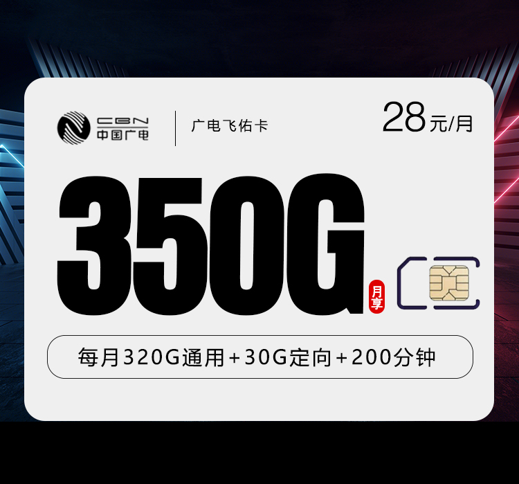 广电专享湖南卡【28元350GB+200分钟】