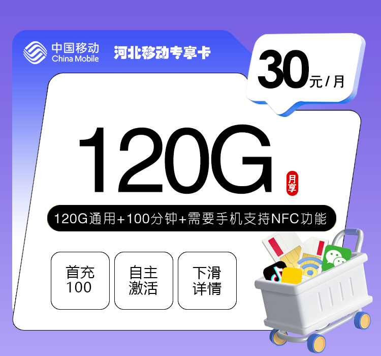 河北移动专享卡3.0【30元120G+100分钟】