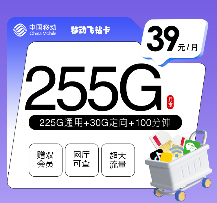 移动飞钻卡2.0【39元255G+100分钟+双会员】【仅发广东】