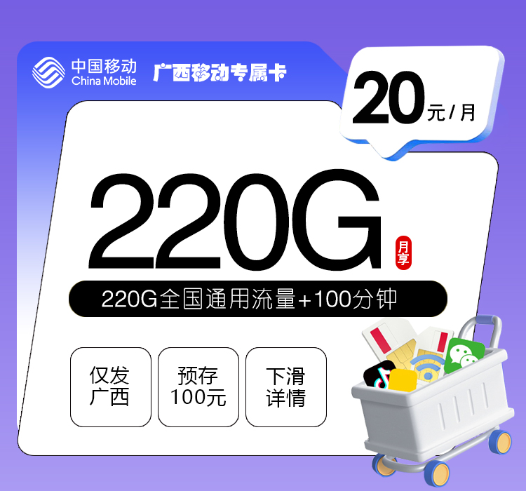 广西专属移动卡【20元220G+100分钟】