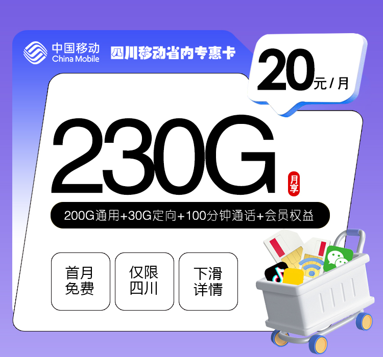 四川移动省内专惠卡【20元230G+100分钟+会员】