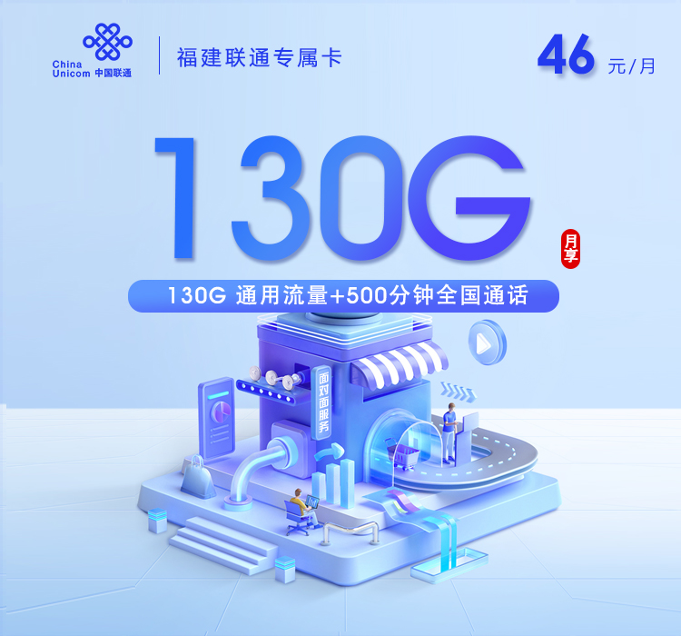 福建联通专属卡【46元130G+500分钟】仅发福州/厦门